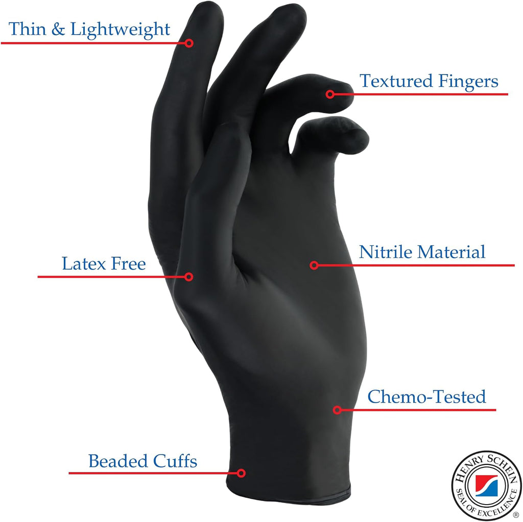 Henry Schein Criterion N300 Nitrile Exam Gloves, Black – 300/Box, Latex-Free, Disposable, Textured Fingertips, Beaded Cuff