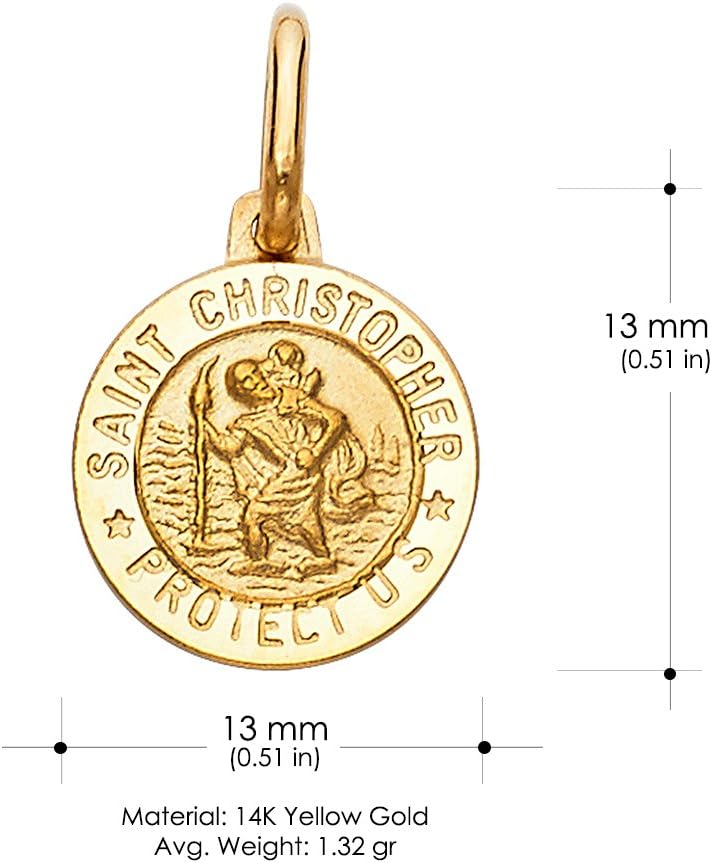 14K Yellow Gold St. Christopher Medal Pendant Necklace Protect Us Charm with 1.2mm Flat Open Wheat Chain