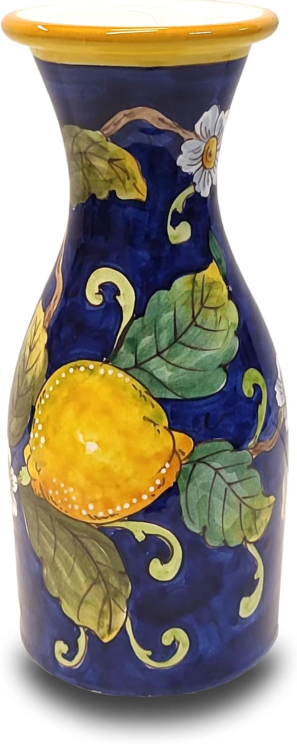 Italian Ceramic Wine Jug Lemon - 16.9 oz Hand Painted Utensil Holder Or Carafe Design for Kitchen - Made in ITALY Tuscany - Italian Pottery Vase Jar for Wine - Home Decor Ceramics Dispenser