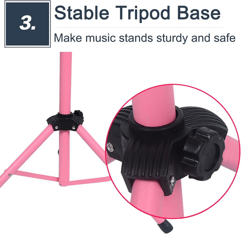 Pink Sheet Music Stand for Girls Playper Beginners, Foldable Portable Universal Orchestral Guitar Violin Sheet Music Holder, Concert Stage Travel