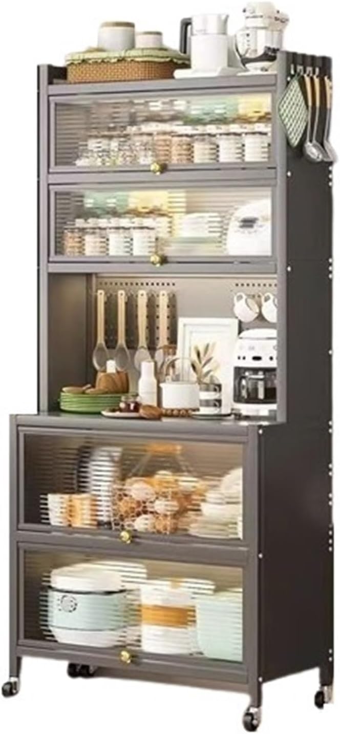 5/6 Tier Microwave Stand with Storage Bakers Rack with Drawers Coffee Pub Station Organizer with Flip Doors Vintage Kitchen Utility Storage Shelf(Gray,6 Layer)
