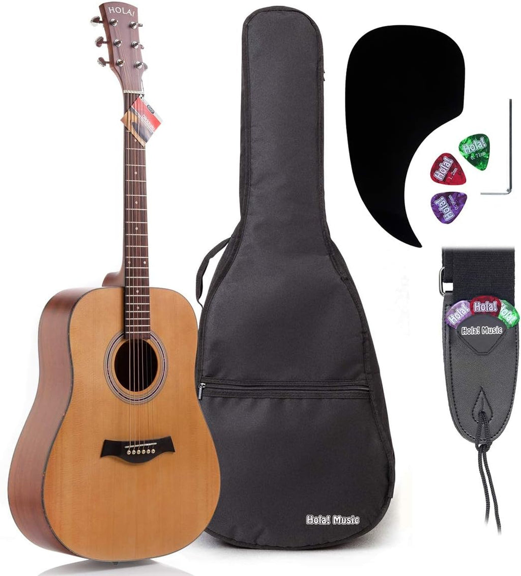 Acoustic Guitar Bundle Dreadnought Series by Hola! Music with EXP16 Steel Strings, Padded Gig Bag, Guitar Strap and Picks, Full Size 41 Inch (Model HG-41N), Natural Satin Finish