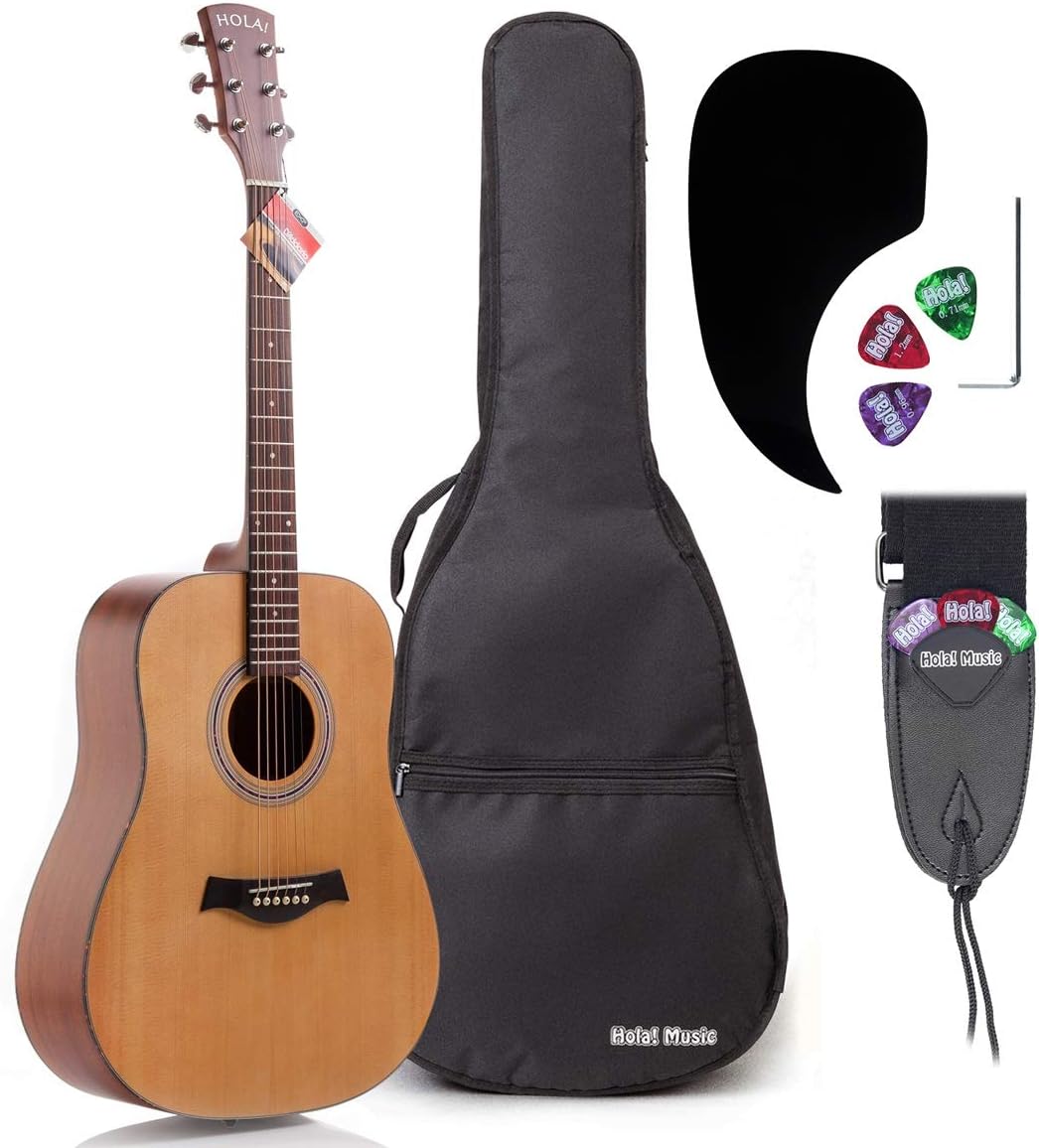 Acoustic Guitar Bundle Dreadnought Series by Hola! Music with EXP16 Steel Strings, Padded Gig Bag, Guitar Strap and Picks, Full Size 41 Inch (Model HG-41N), Natural Satin Finish