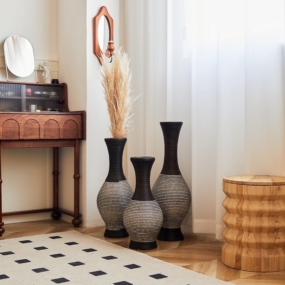 Floor PVC Decorated Vases Set of 3 for Gorgeous Home Decoration Large Classic PVC Vases 20in/24in/28in Height(Brown+White)