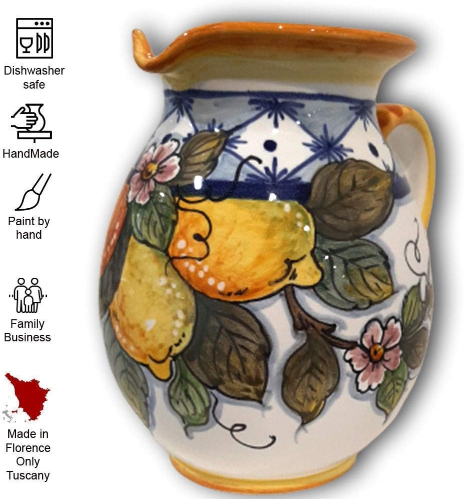 Italian Ceramic Pitcher Lemon - 33 oz Hand Painted Utensil Holder Or Carafe Design for Kitchen - Made in ITALY Tuscany - Italian Pottery Vase Jar for Wine - Home Decor Ceramics Dispenser