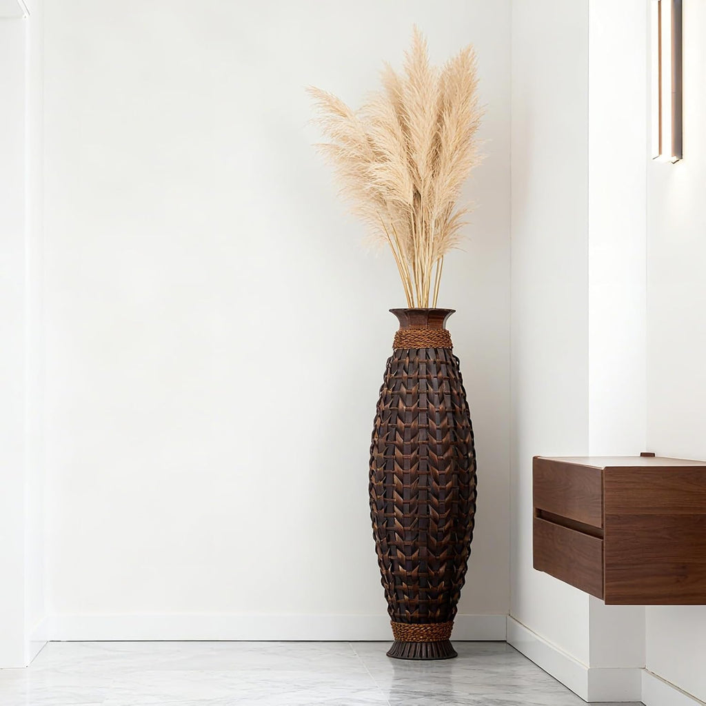 39-Inch Large Handwoven Rattan Floor Vase, Bamboo Weave Tall Vase for Dried Flowers, Boho Chic Home Decor for Living Room, Bedroom, Entryway
