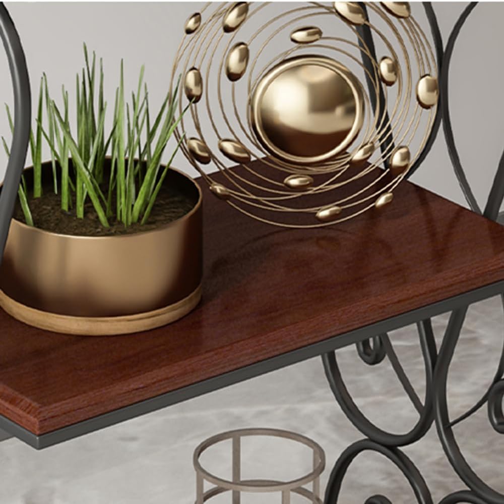 3-Tier Plant Shelf for Indoor,Rustic Wood Bookcase Shelf with Metal Frame,Rustic Storage Rack with Open Shelves for Living Room Bedroom and Balcony (Black Frame+ Brown Shelf)