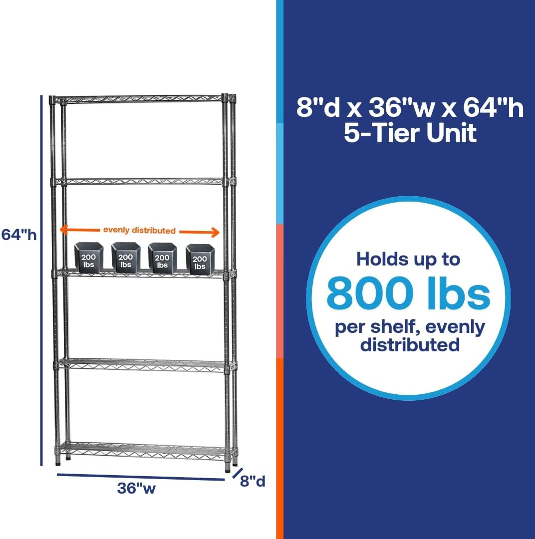 Shelving Inc. 8' d x 36' w x 64' h Chrome Wire Shelving with 5 Tier Shelves, Weight Capacity 800lbs Per Shelf