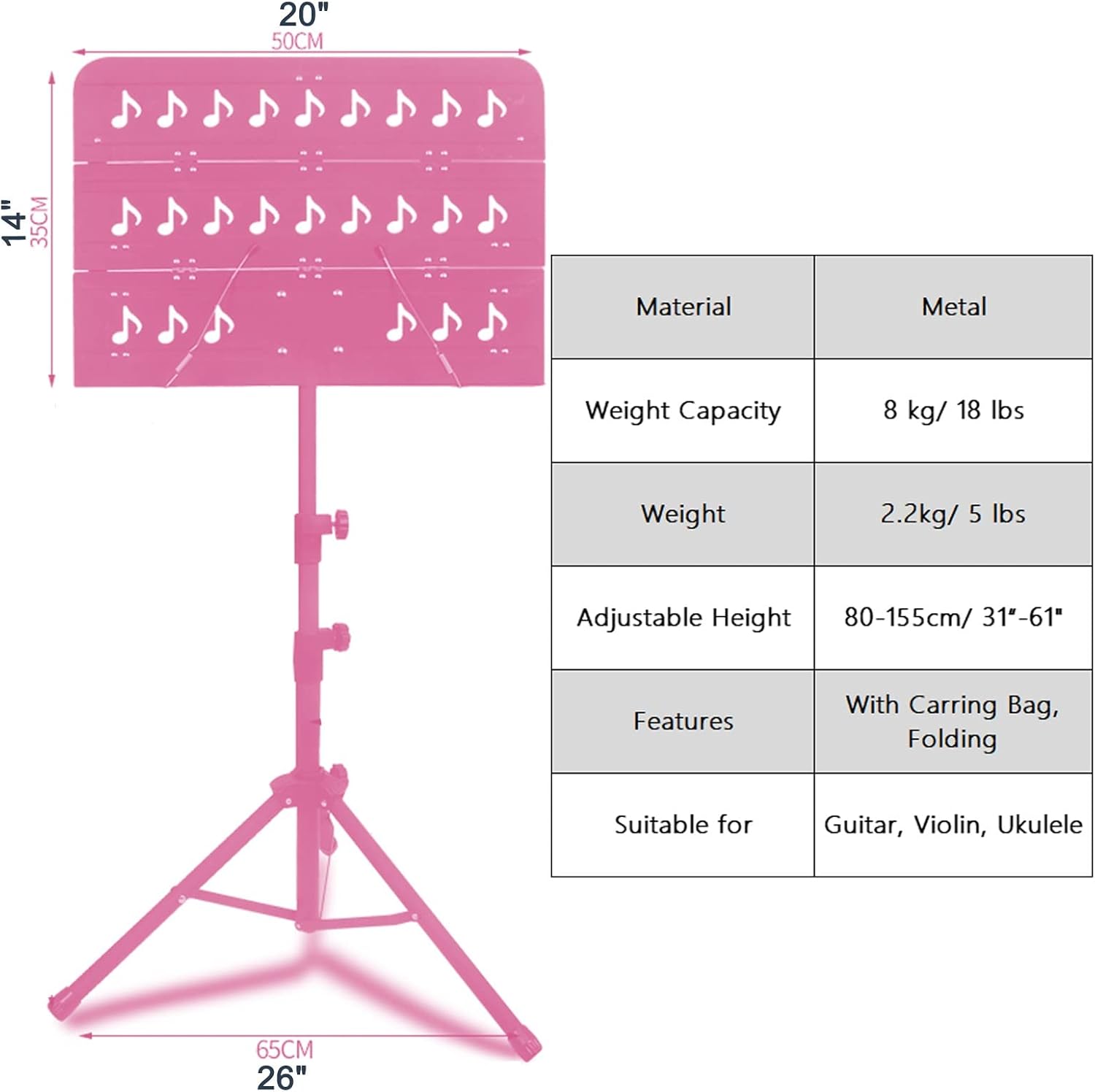 Pink Sheet Music Stand for Girls Playper Beginners, Foldable Portable Universal Orchestral Guitar Violin Sheet Music Holder, Concert Stage Travel