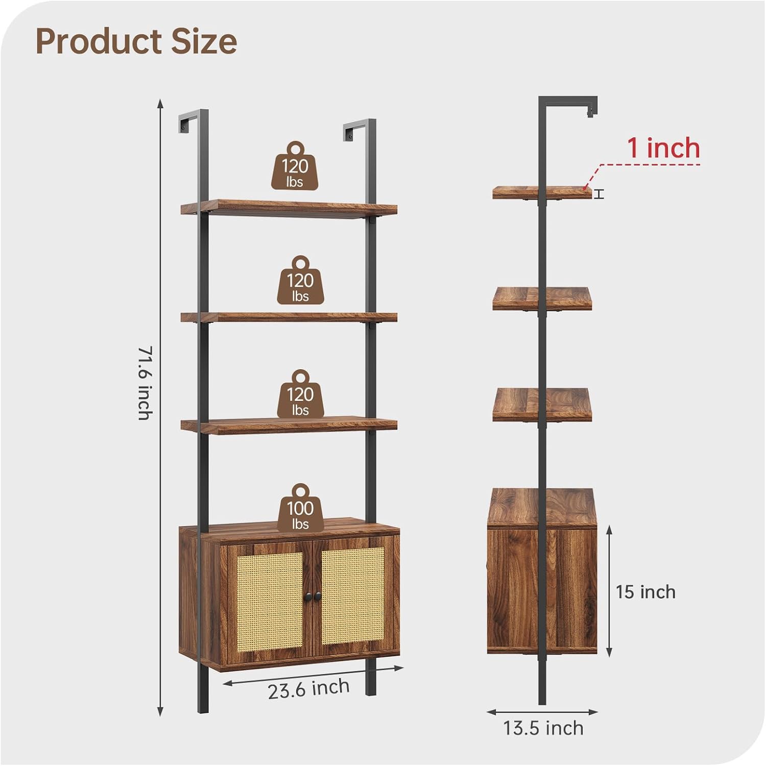 Airynee Ladder Bookshelf, 4 Tier Book Shelf with Rattan Cabinet, Wall Mount Bookshelves and Bookcases with Metal Frame, Anti Dump, Tall Bookcase for Living Room, Home Office, Bedroom Walnut 3pcs