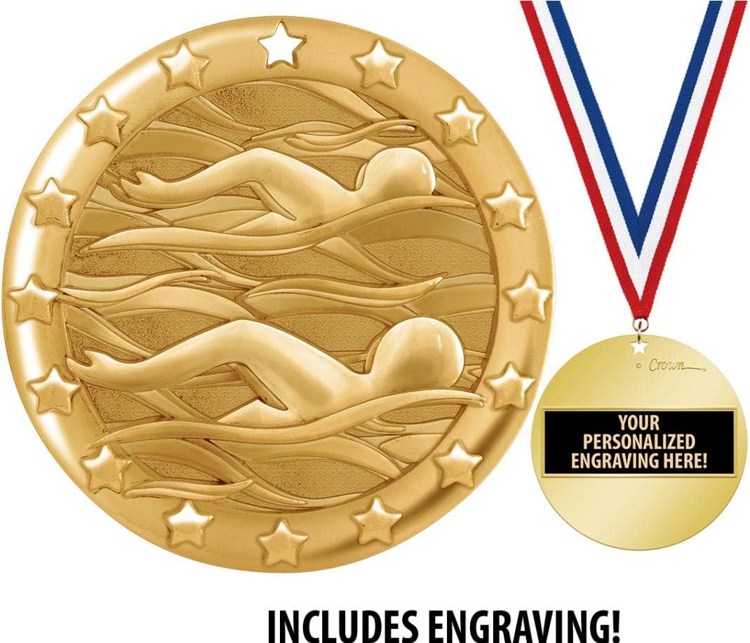 Crown Awards Swimming Medal, 2' Shiny Gold Swimming Medals for Kids with Free Custom Engraving