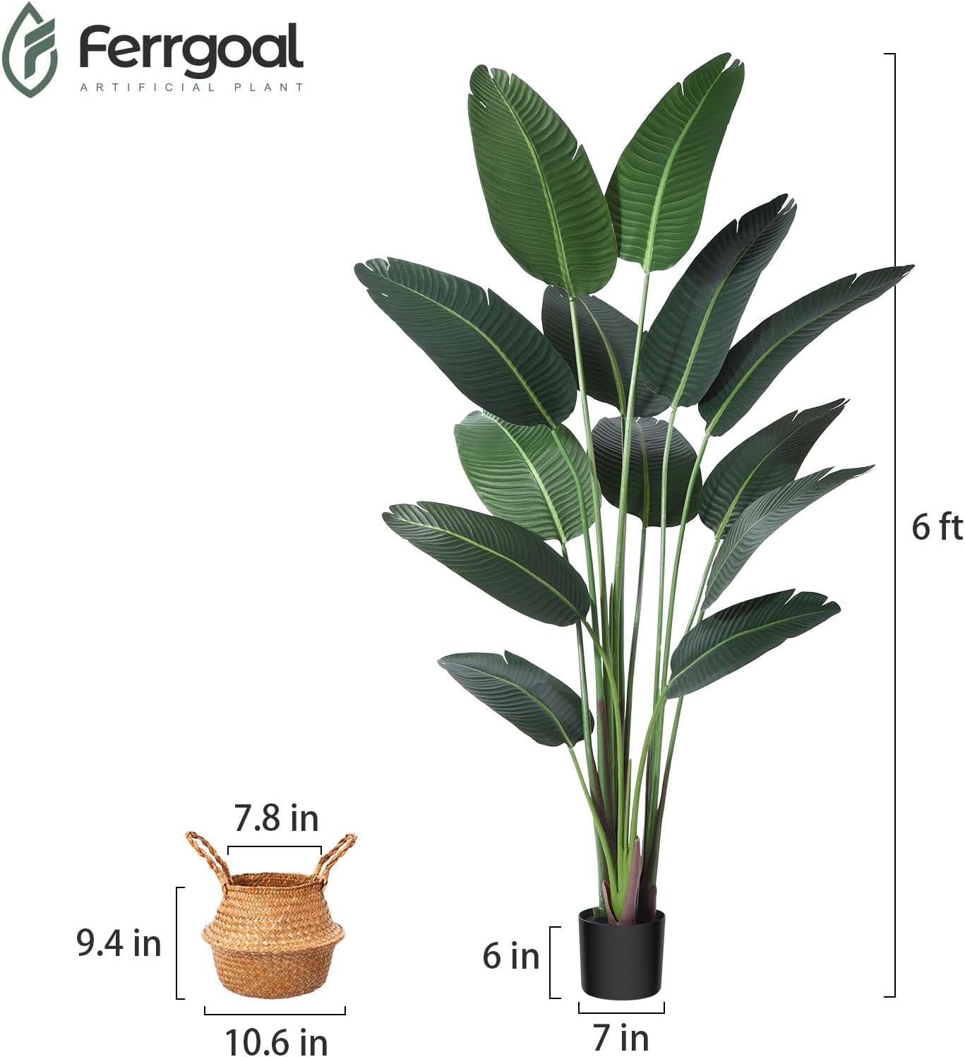 Ferrgoal Artificial Bird of Paradise Plants 6 Ft Fake Tropical Tree with Woven Basket, Faux Banana Leaf Plant for Home Indoor Outdoor Office Modern Decor Green 2 Set
