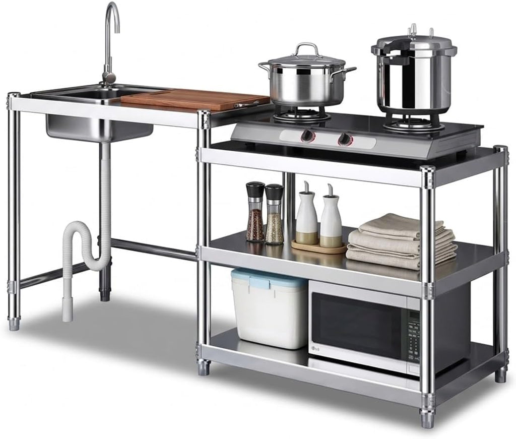 Stainless Steel Kitchen Prep Table with Sink, 3-Tier Multi-functional Washing Hand Basin Station, Utility Free-standing Work Table & Storage Shelves for Backyard BBQ, Garage, Garden