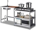 Stainless Steel Kitchen Prep Table with Sink, 3-Tier Multi-functional Washing Hand Basin Station, Utility Free-standing Work Table & Storage Shelves for Backyard BBQ, Garage, Garden