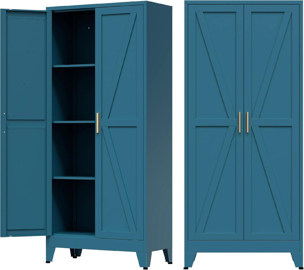 COFaR Home Farmhouse Storage Cabinet with 2 Barn Door, Tall Kitchen Pantry Cupboard with 3 Adjustable Shelves, for Dining Room, Bathroom, Living Room (Blue Green, 61' Farmhouse)