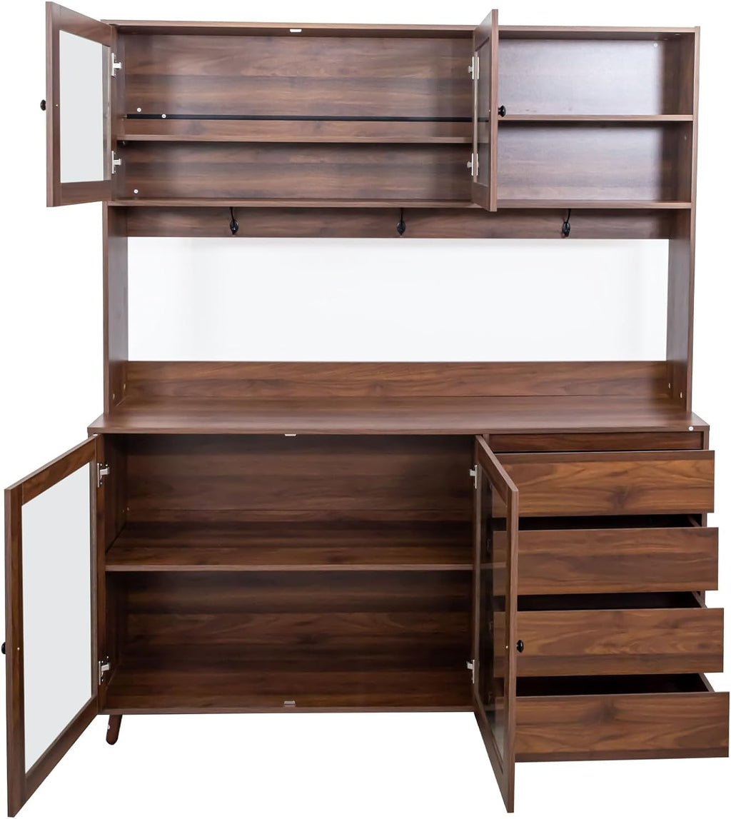 Ball & Cast 63' Large Kitchen Hutch Cabinet with Multi-Layer Shelves and 4 Doors & Drawers,Freestanding Pantry Storage Cupboard with Microwave Shelf,for Kitchen,Apartment,Livingroom,Walnut