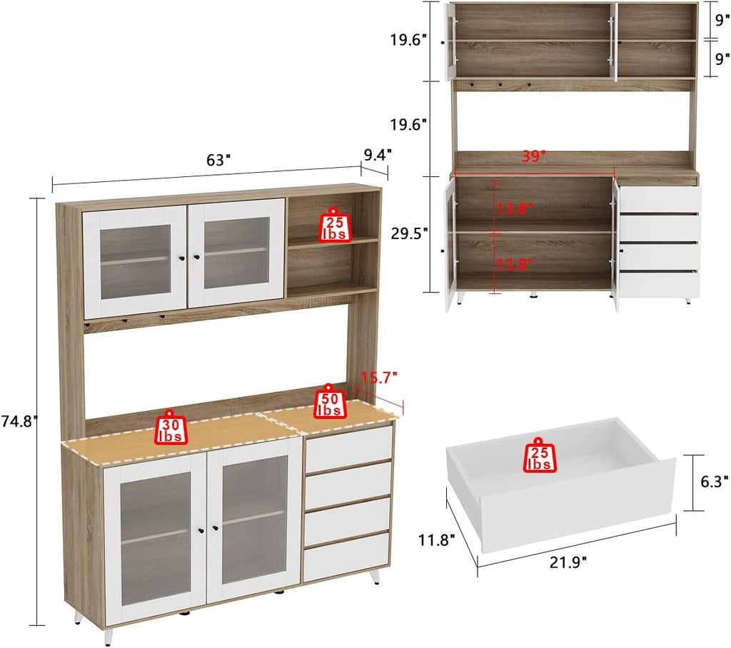 ECACAD Freestanding Kitchen Pantry Storage Cabinet with Glass Doors, Shelves & Drawers, Modern Sideboard Buffet Cabinet, Wood Kitchen Cupboard with Hutch and Hooks, Walnut and White