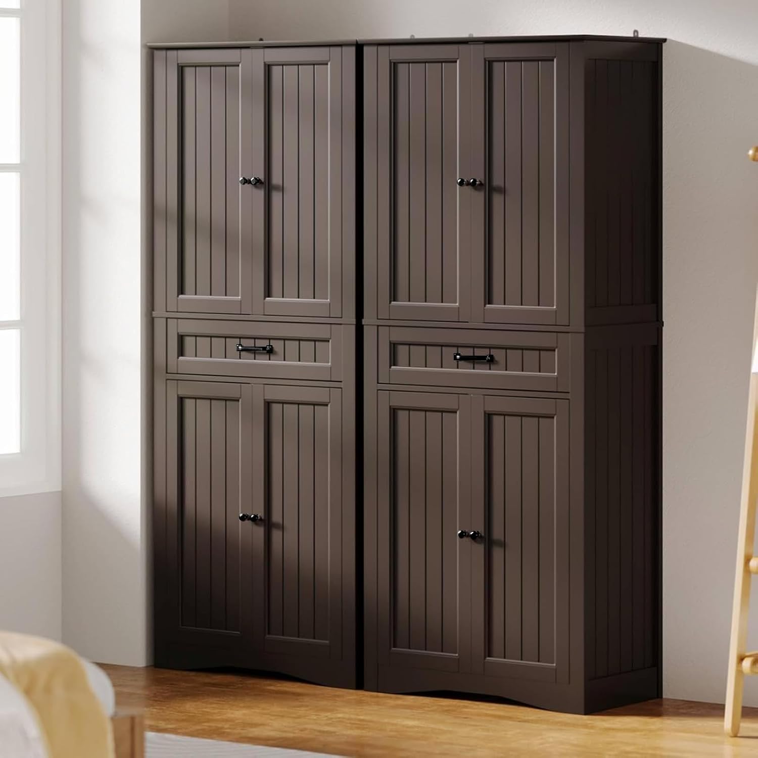 Gizoon 71'' Kitchen Pantry Storage Cabinet, Freestanding Pantry Organizers and Storage Cabinet with 4 Doors and 4 Adjustable Shelves, Tall Cabinet with Large Drawer for Kitchen, Living Room, Bathroom