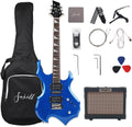 Fojill Heavy Metal Cool Electric Guitar Kit Set Beginner Starter Combo Package Bundle Battery Power Bluetooth 10W Amplifier Amp Accessory Gig Bag,Picks, Cable,Strap,Strings(FCGK-60, Metallic Blue)