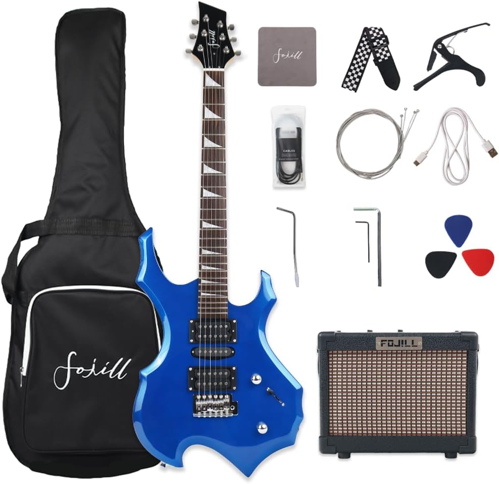 Fojill Heavy Metal Cool Electric Guitar Kit Set Beginner Starter Combo Package Bundle Battery Power Bluetooth 10W Amplifier Amp Accessory Gig Bag,Picks, Cable,Strap,Strings(FCGK-60, Metallic Blue)