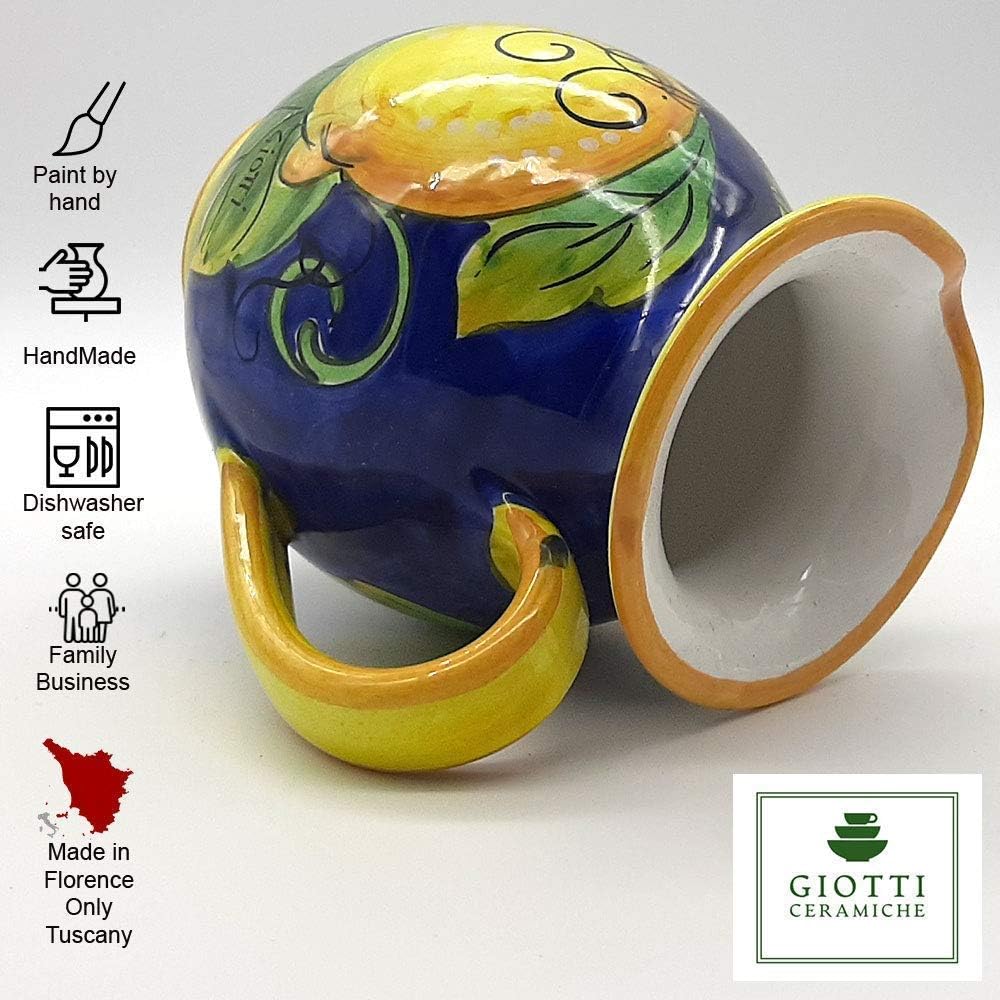 Italian Ceramic Pitcher Lemon Blue - 16 oz Hand Painted Utensil Holder Or Carafe Design for Kitchen - Made in ITALY Tuscany - Italian Pottery Vase Jar for Wine - Home Decor Ceramics Dispenser