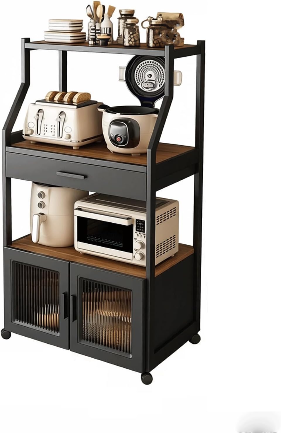 4 Tier Microwave Stand with Storage Matte Black Storage Rack Kitchen Pantry Glass Cabinet Doors Bakers Rack for cafes Living Room Office-A