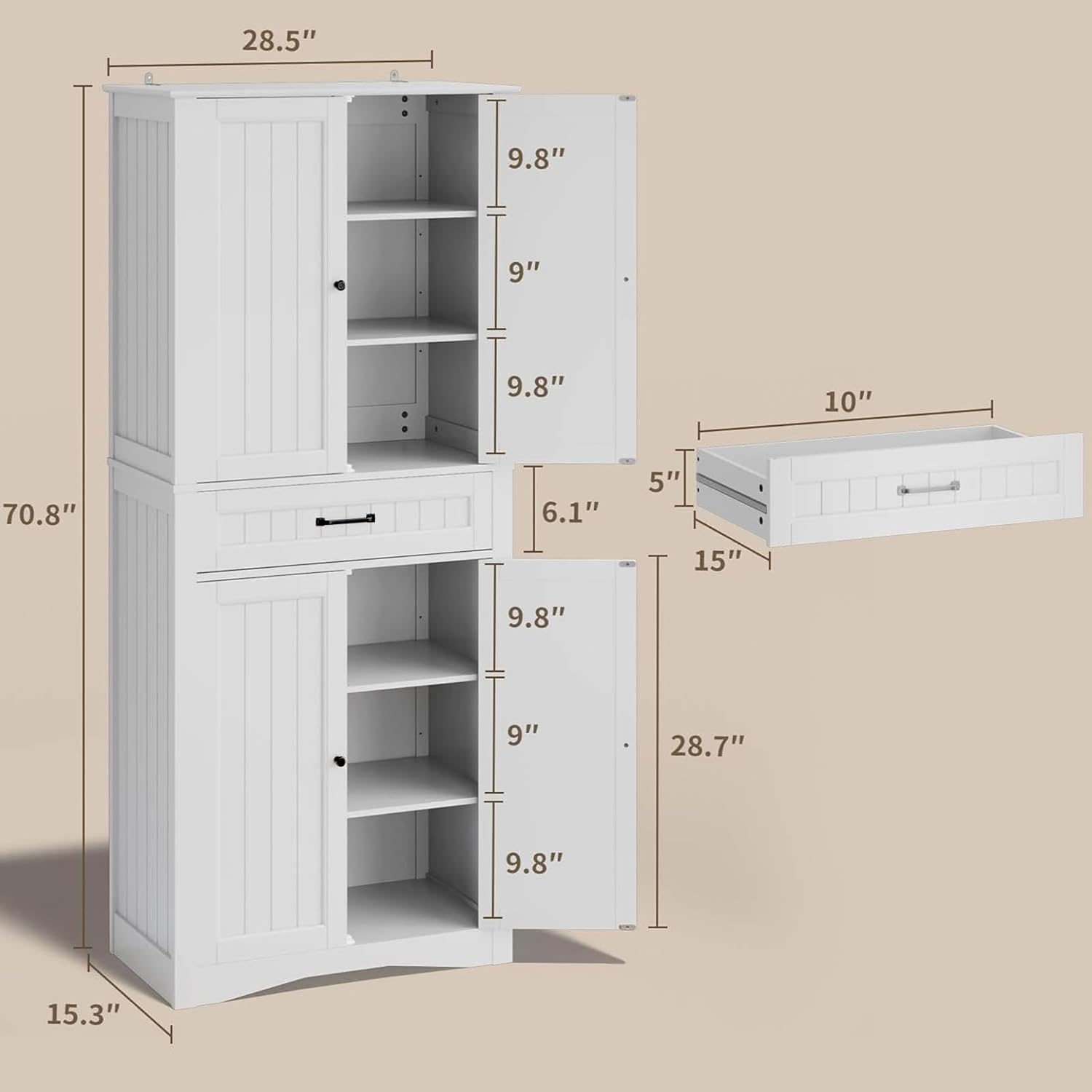Gizoon 71'' Kitchen Pantry Storage Cabinet, Freestanding Pantry Organizers and Storage Cabinet with 4 Doors and 4 Adjustable Shelves, Tall Cabinet with Large Drawer for Kitchen, Living Room, Bathroom