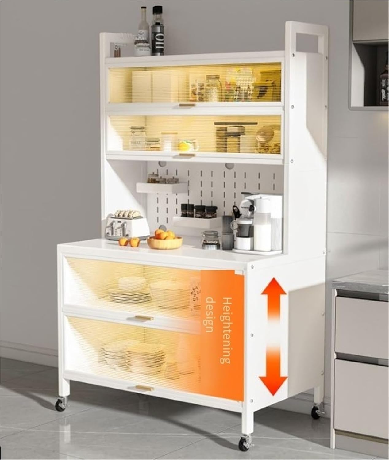 Kitchen Pantry Storage Cabinet Shelf Microwave 6-Tier Stand with Storage with Flip Door and Wheels Metal Sideboard Baker's Rack Coffee Pub for Spices Pots Pans ﻿(Black,100cm)