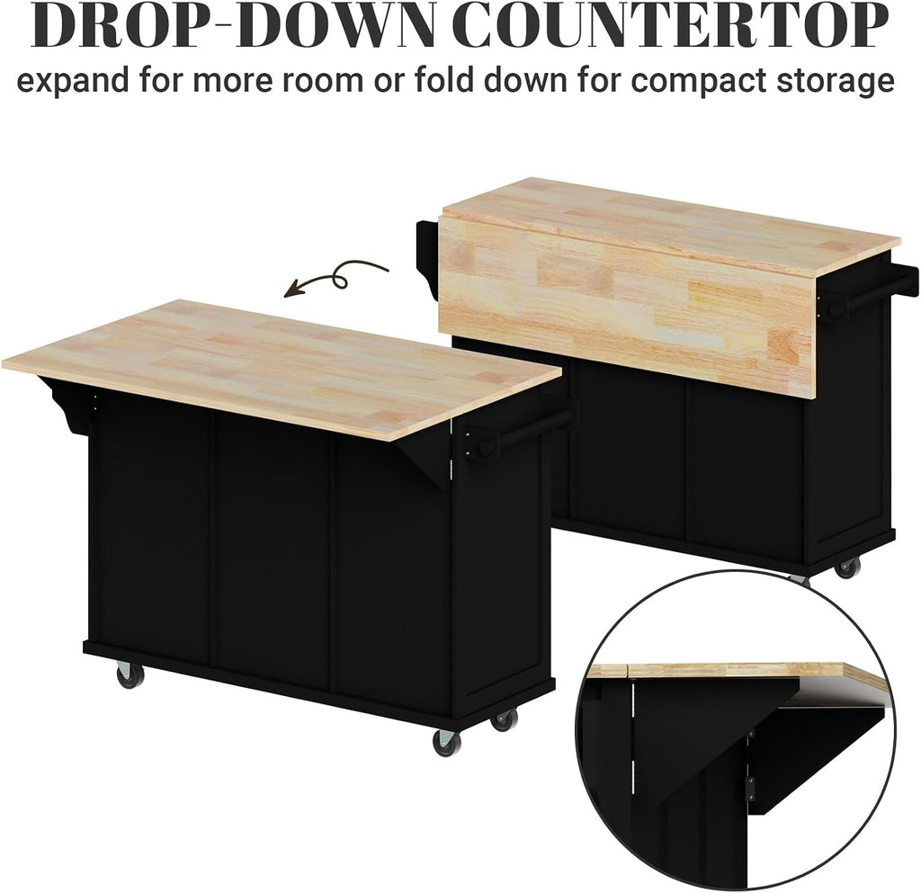 Rovibek Kitchen Island with Drawers 53 in Rolling Island Cart Mobile Portable Islands on Wheels Solid Wood Island with Storage Cabinet & Drawers, Jet Black