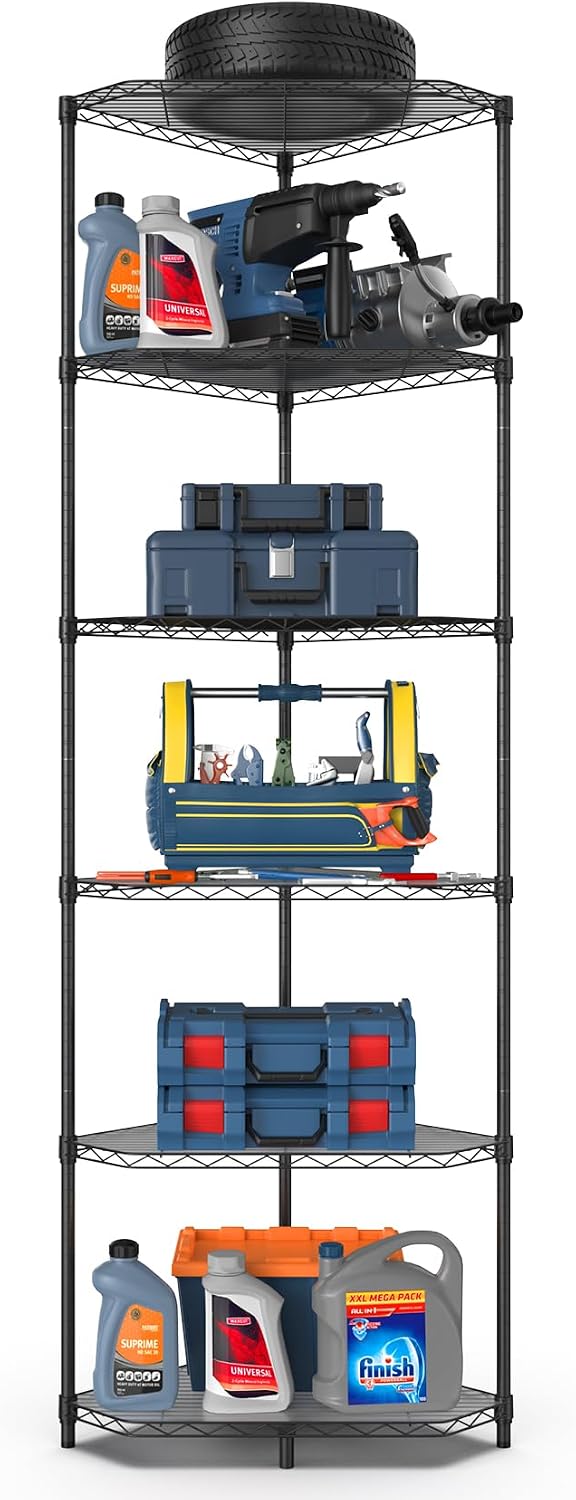 6 Tier NSF Corner Wire Shelf Shelving Unit, 20 x 20 x 72 Inch 600lbs Capacity Heavy Duty Adjustable Metal Storage Rack with Leveling Feet & Shelf Liners for Office Kitchen Bathroom and More - Black