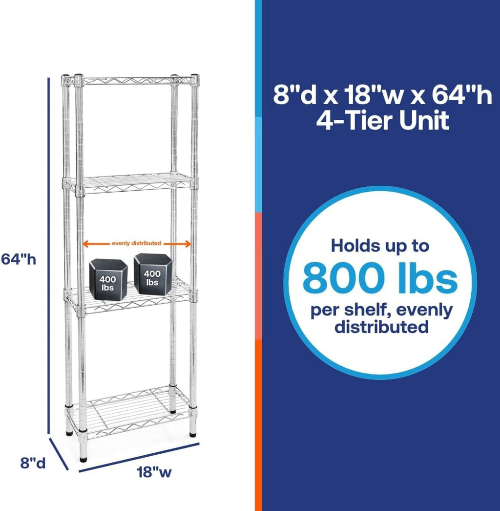 Shelving Inc. 8' d x 18' w x 64' h Chrome Wire Shelving with 4 Tier Shelves, Weight Capacity 800lbs Per Shelf