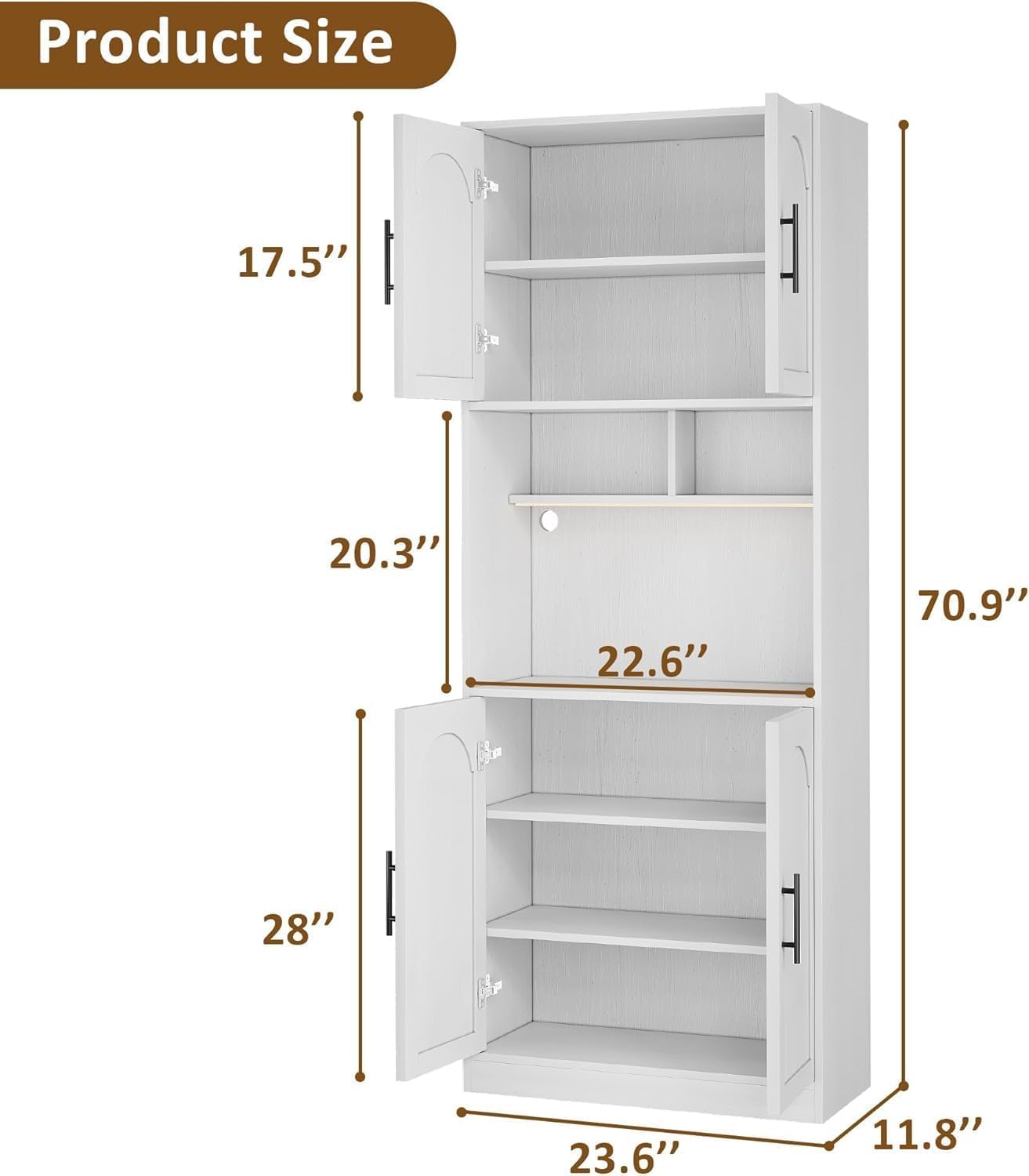 71' Tall Pantry Cabinet with Countertop, Kitchen Cabinets with LED Light Strip & Microwave Shelf, Kitchen Hutch Storage Cabinet with Adjustable Shelves for Dining Room, White
