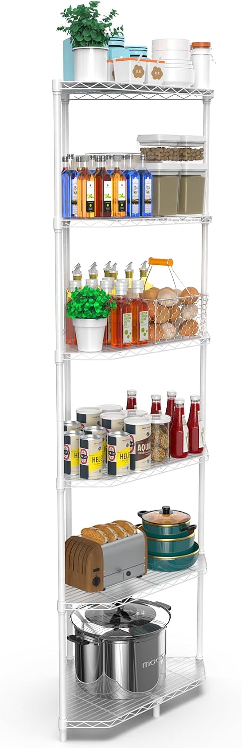 6 Tier NSF Corner Wire Shelf Shelving Unit, 20 x 20 x 72 Inch 600lbs Capacity Heavy Duty Adjustable Metal Storage Rack with Leveling Feet & Shelf Liners for Office Kitchen Bathroom and More - White