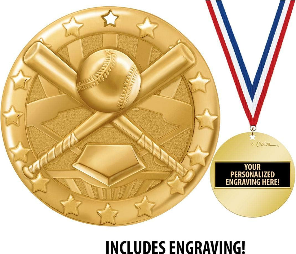 Crown Awards Baseball Medal, 2' Shiny Gold Baseball Medals for Kids with Free Custom Engraving Prime