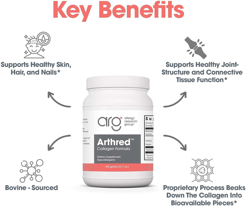 Allergy Research Group ARG Arthred Collagen Powder - 10.5 g Hydrolyzed Bovine Collagen - Connective Tissue Support - Unflavored High-Absorption Powder - 85 Servings - 31.7 oz