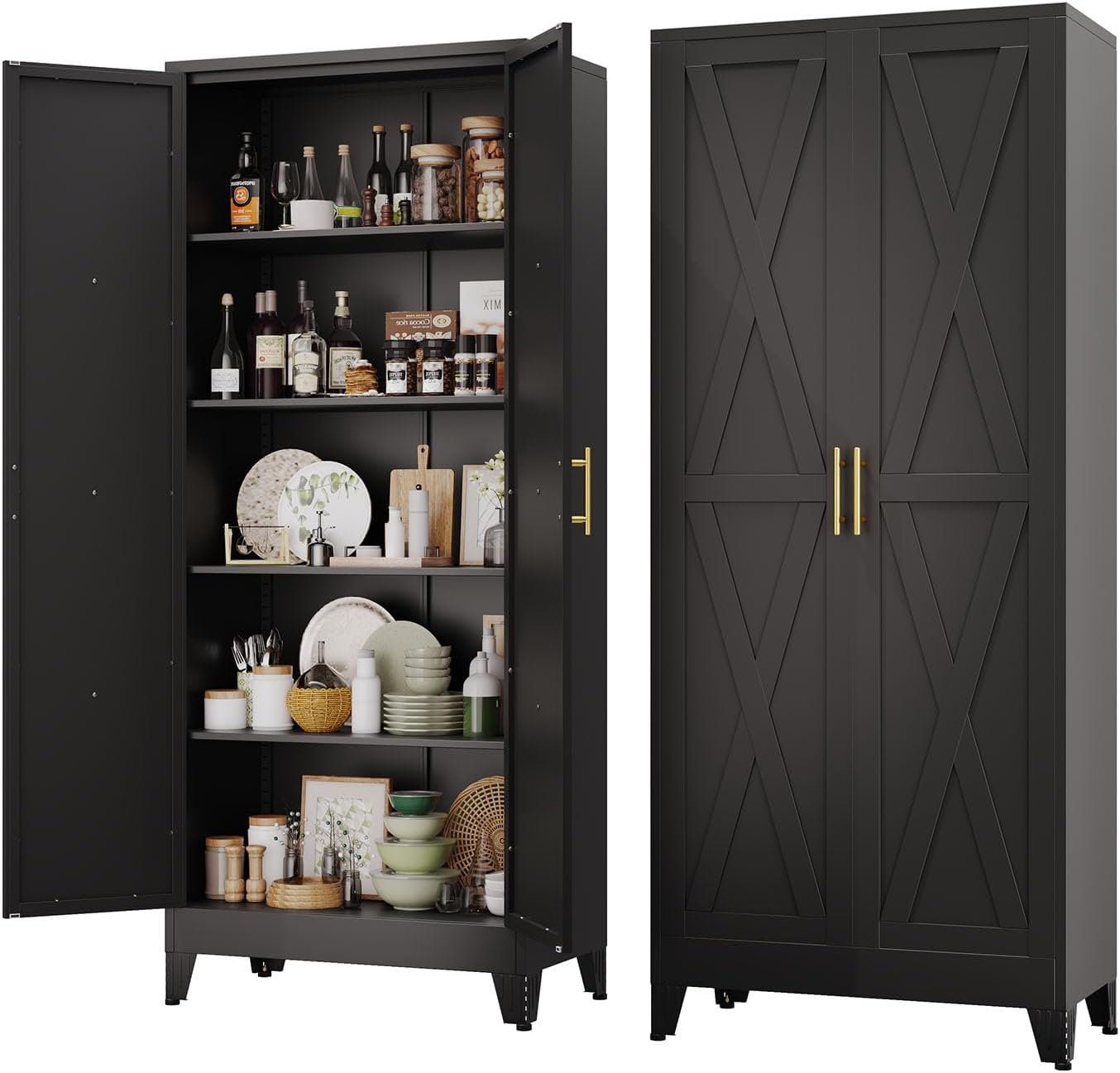 pozdeg 71' Tall Kitchen Pantry Cabinet, Metal Storage Cabinet with 2 Doors and 4 Adjustable Shelves, Black Food Pantry Cupboard for Kitchen, Dining Room, Living Room and Bathroom (Black)