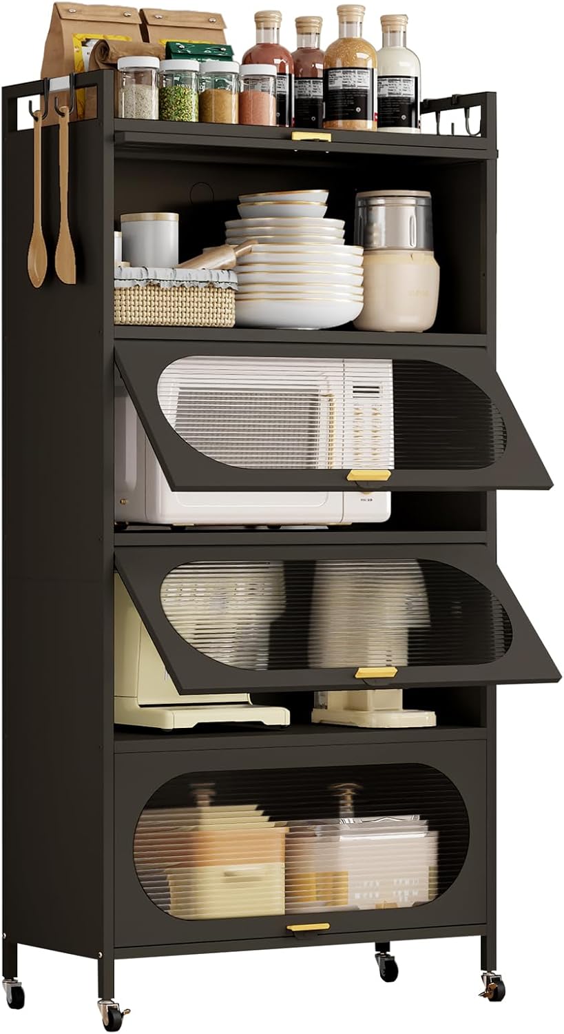Dyoung Metal Kitchen Storage Cabinet with Flip-up Doors, Freestanding Pantry Cabinet with 4 Rolling Wheels, 5-Tier Mobile Microwave Stand with Storage Rack for Kitchen Dining Living Room (Black)
