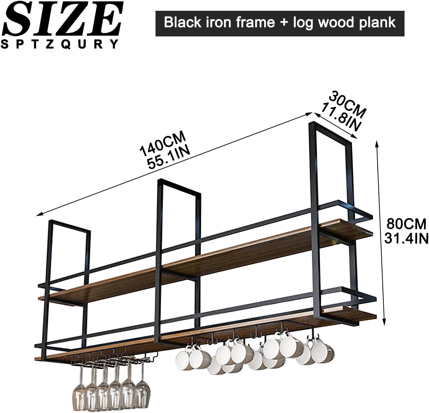 Ceiling Wine Glass Rack - 55.1in Hanging Wine Rack with Glass Holder and Shelf, 2 Layer Industrial Hanging Wine Bottle Holder, Black Metal Ceiling Shelf for Bar Cafe Kitchen (Black, 55.1×11.8×31.4in)