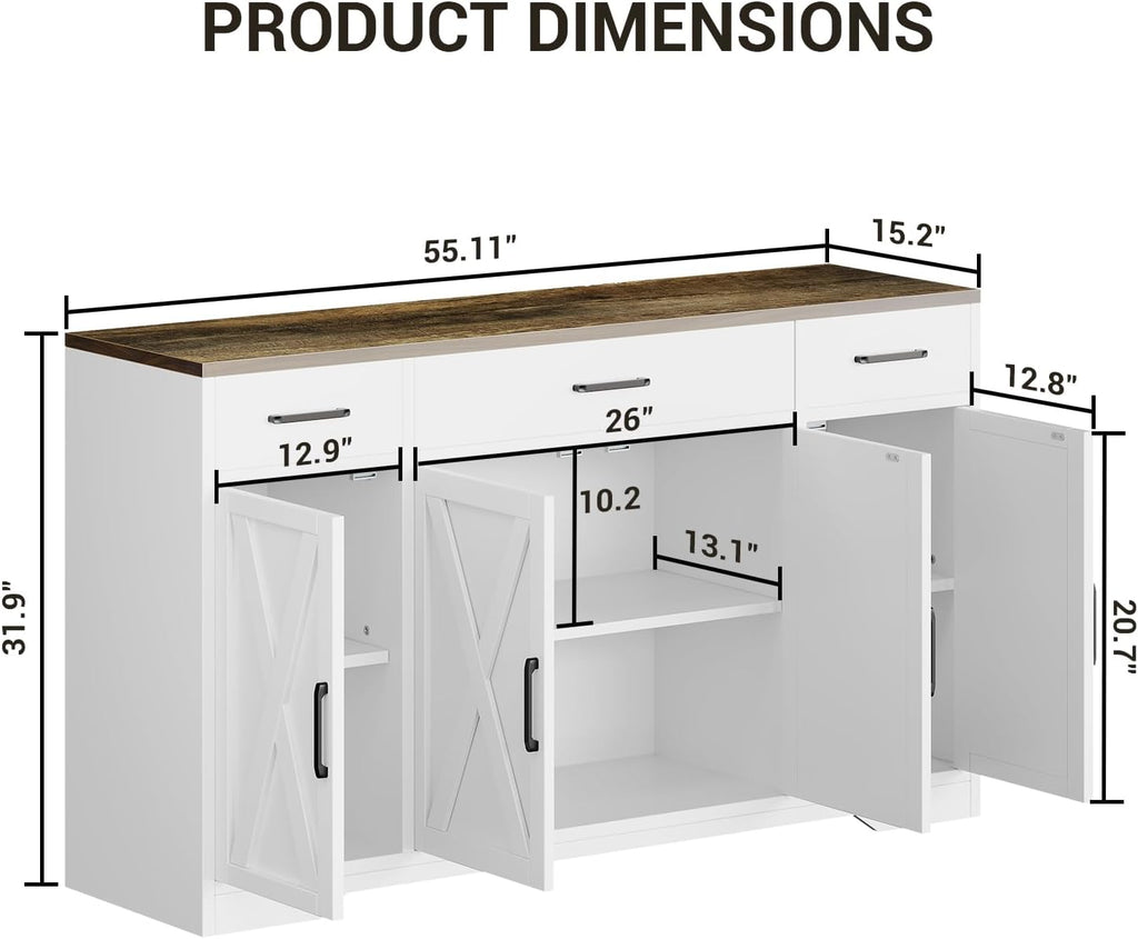 Garvee 55 in Large Buffet Sideboard Cabinet with Storage 4 Doors and 3 Drawers Kitchen Storage Cabinet Coffee Bar Buffet Table for Dining Room, Living Room, Adjustable Shelf