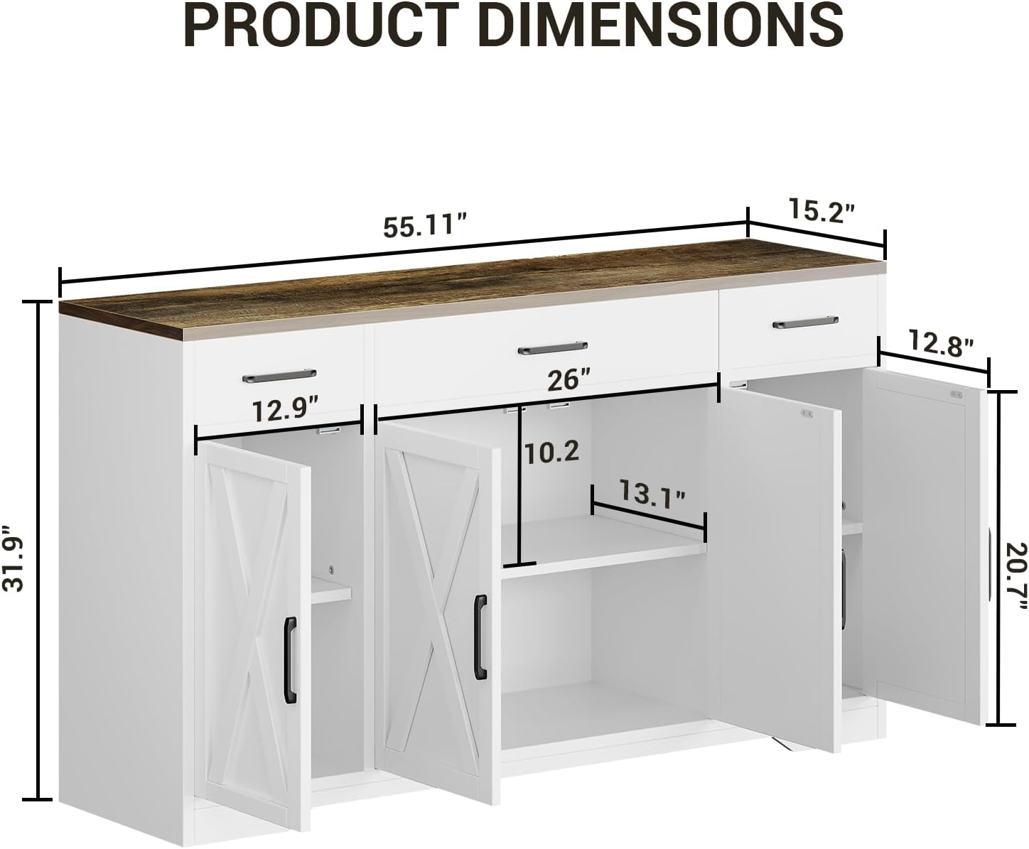 Garvee 55 in Large Buffet Sideboard Cabinet with Storage 4 Doors and 3 Drawers Kitchen Storage Cabinet Coffee Bar Buffet Table for Dining Room, Living Room, Adjustable Shelf