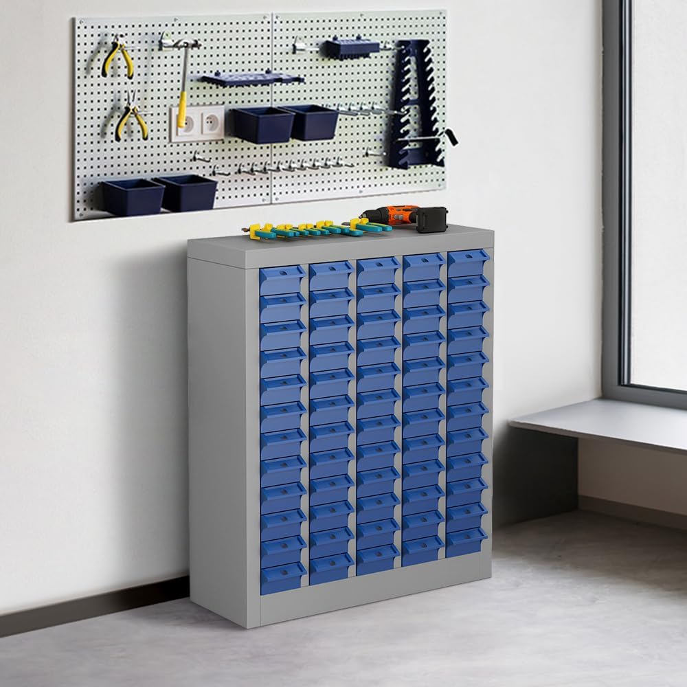 Yeeoy 60 Drawers Parts Cabinet, Bolt and Nut Tool Storage Cabinet, Steel Parts Organization Shelves with ABS Material Drawer & Labels for Tool Hardware Storage, Grey