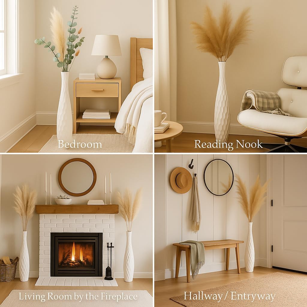 Leewadee Large White Home Decor Floor Vase - Wooden 41 inch Tall Farmhouse Decor Flower Holder for Fake Plant and Pampas Grass
