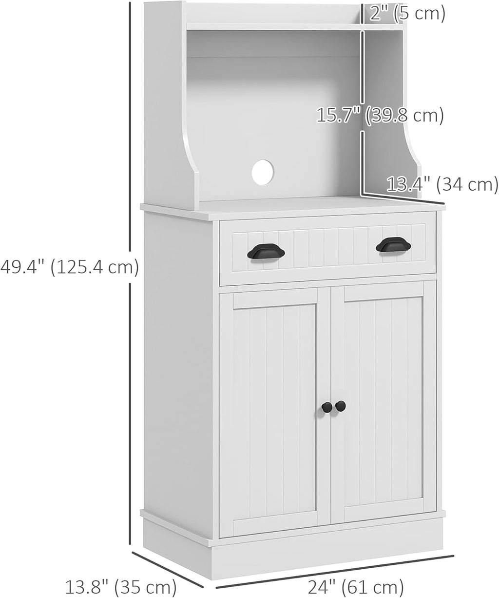 HOMCOM Microwave Cabinet with Storage Drawer, Double Door Cabinet and Adjustable Shelf, Buffet with Hutch and Cable Hole, Storage Cabinet for Kitchen, Dining Room, Living Room, White