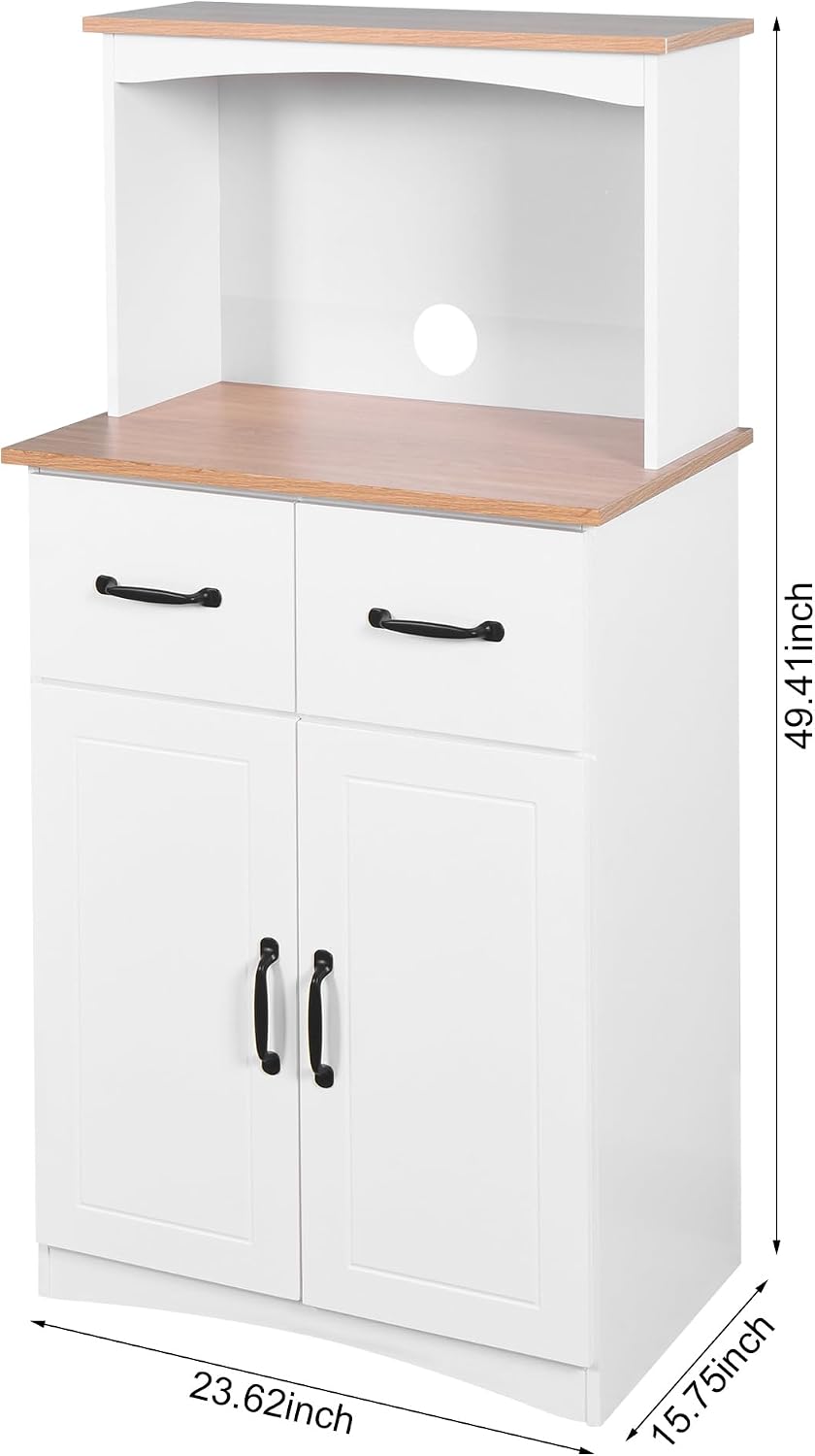 49' Kitchen Pantry Cabinet with Storage, Microwave Stand with 2 Drawers, Buffet Cabinet with Adjustable Shelf, Kitchen Hutch Storage Cabinet with Microwave Countertop for Dinning Room, White
