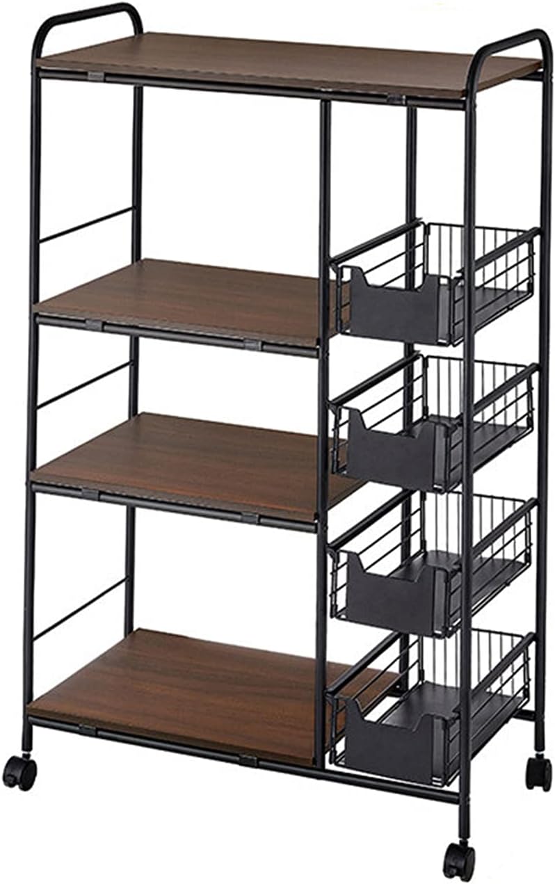 OUKANING 4-Tier Kitchen Baker's Rack Rolling Cart Trolley with Wheels and Baskets Utility Microwave Oven Stand for Kitchenware Tableware Spices Food Fruits and Vegetables (27.9x13.7x45.2in)