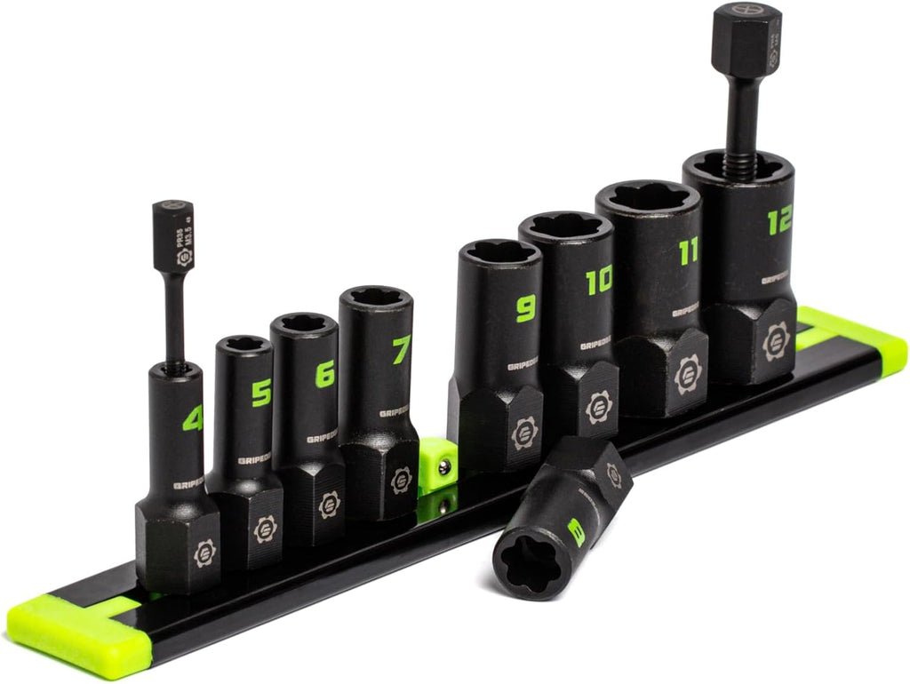 GRIPEDGE Tools | 9-PC - 1/4'' Drive Metric RPT Socket Extractor Set | Sizes 4 – 12 MM | Removes Broken Studs, Stripped Bolts and Lug Nuts | Includes Premium Aluminum Socket Rail|