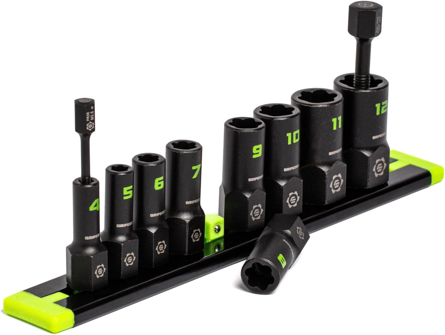 GRIPEDGE Tools | 9-PC - 1/4'' Drive Metric RPT Socket Extractor Set | Sizes 4 – 12 MM | Removes Broken Studs, Stripped Bolts and Lug Nuts | Includes Premium Aluminum Socket Rail|