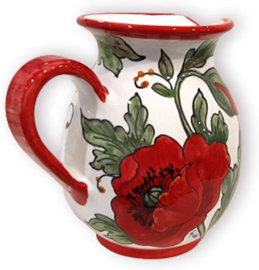 Italian Ceramic Pitcher Poppies - 16 oz Hand Painted Utensil Holder Or Carafe Design for Kitchen - Made in ITALY Tuscany - Italian Pottery Vase Jar for Wine - Home Decor Ceramics Dispenser
