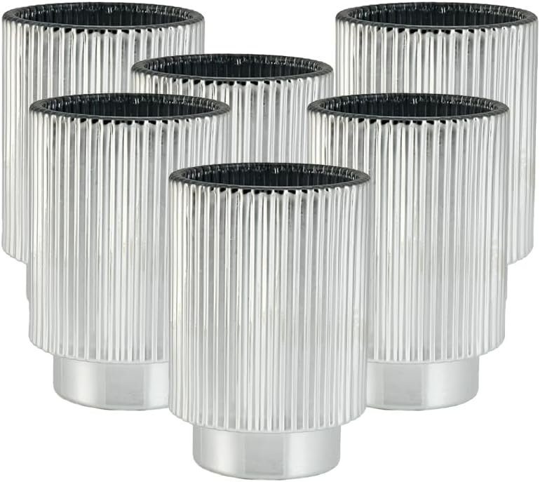 Serene Spaces Living Silver Ribbed Pedestal Glass Votive Holder, Table Centerpiece, Home, Office, Wedding, Birthday, Holiday & Special Events Decor, 3.5' Diameter & 5' Tall, Pack of 24