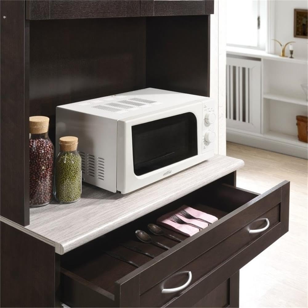 Pemberly Row Tall China Kitchen Cabinet, 32' Wide, Chocolate Gray Finish, Microwave Storage, 79' H x 17' D, Transparent Doors, Drawer, Enclosed Shelves, Wooden Construction for Home or Office Kitchen